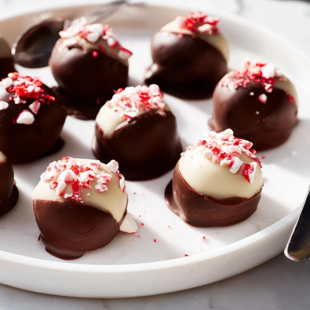 Bite-sized Charcuterie Board Peppermint Bark Balls drizzled with white chocolate and crushed candies.