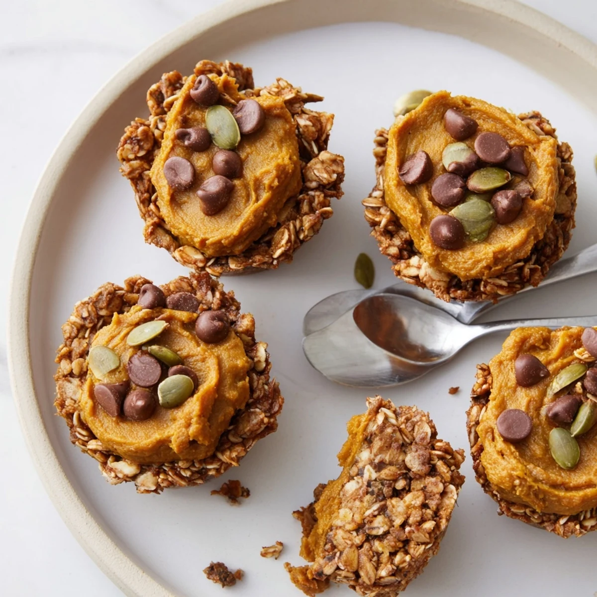 Delicious pumpkin muffin granola cups topped with mini chocolate chips and pumpkin seeds.