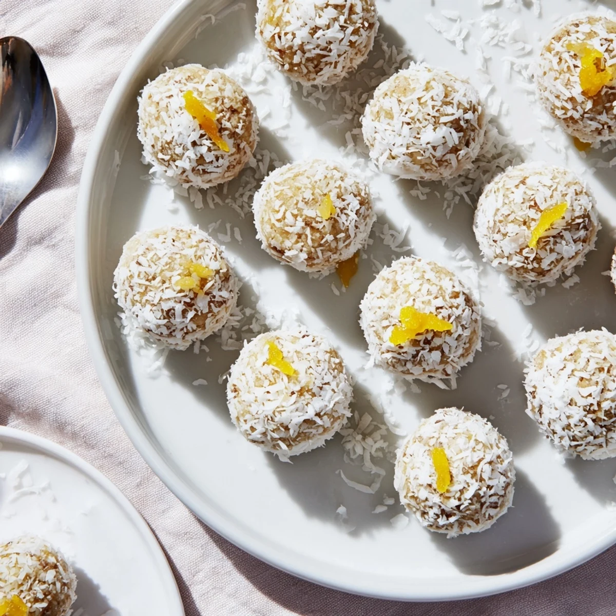 Delicious holiday snack lemon ginger balls coated in coconut for a refreshing treat.