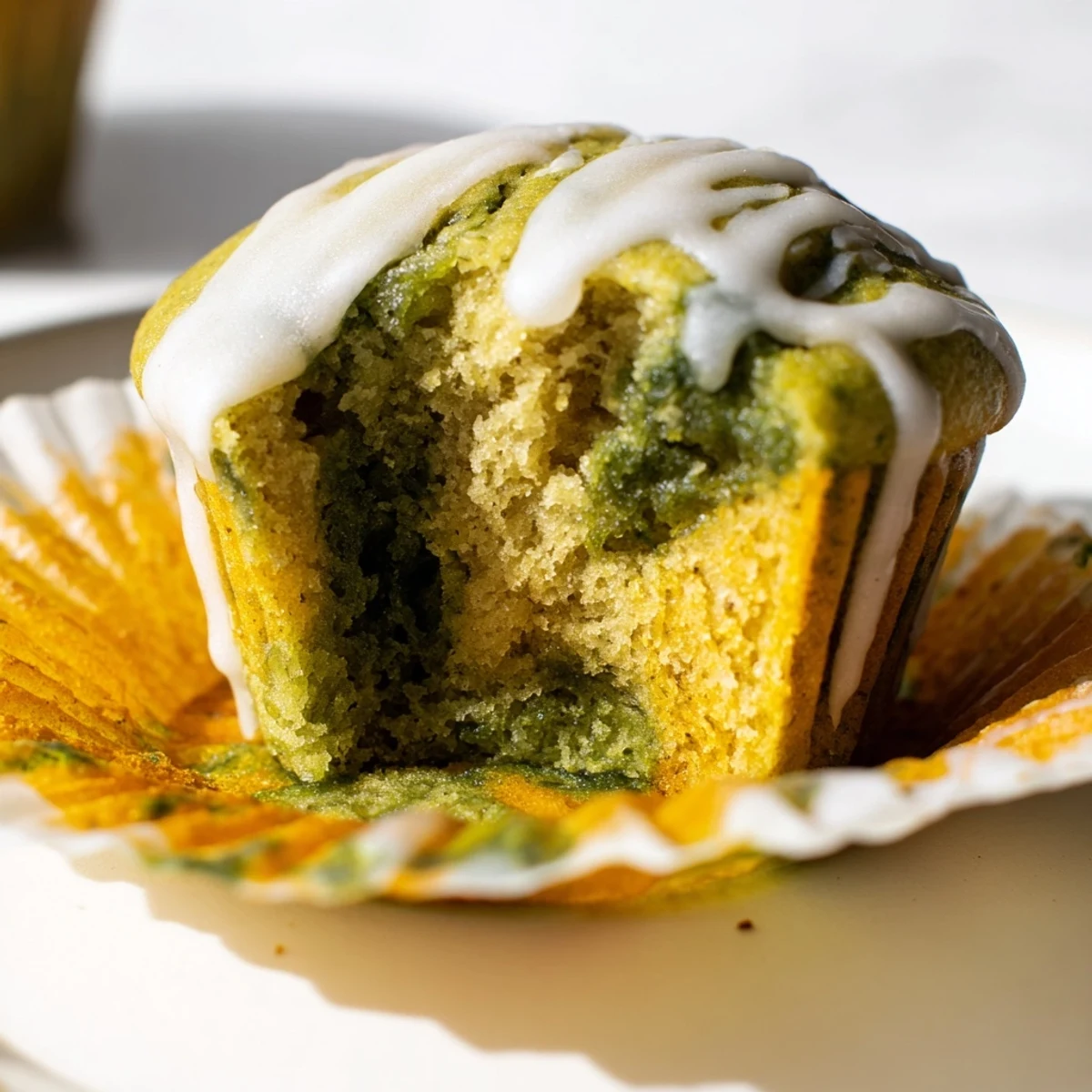 Deliciously sweet Matcha Pumpkin Scone Muffins topped with a light glaze for afternoon snacking.