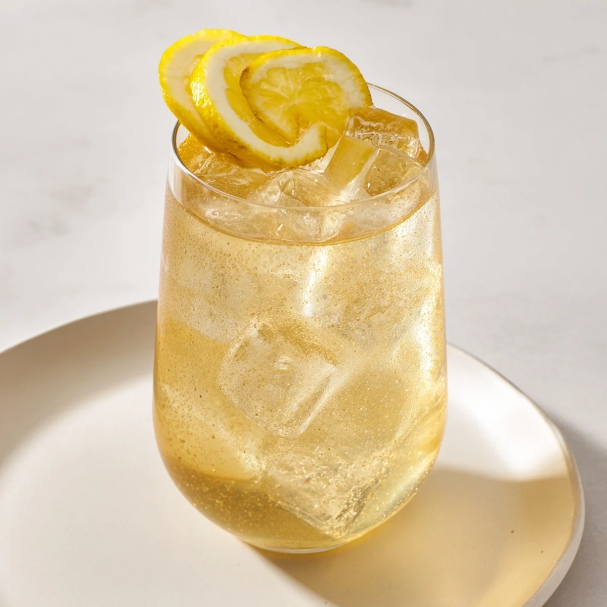 Refreshing Maple Ginger Sour mocktail garnished with lemon wheels and fresh ginger.