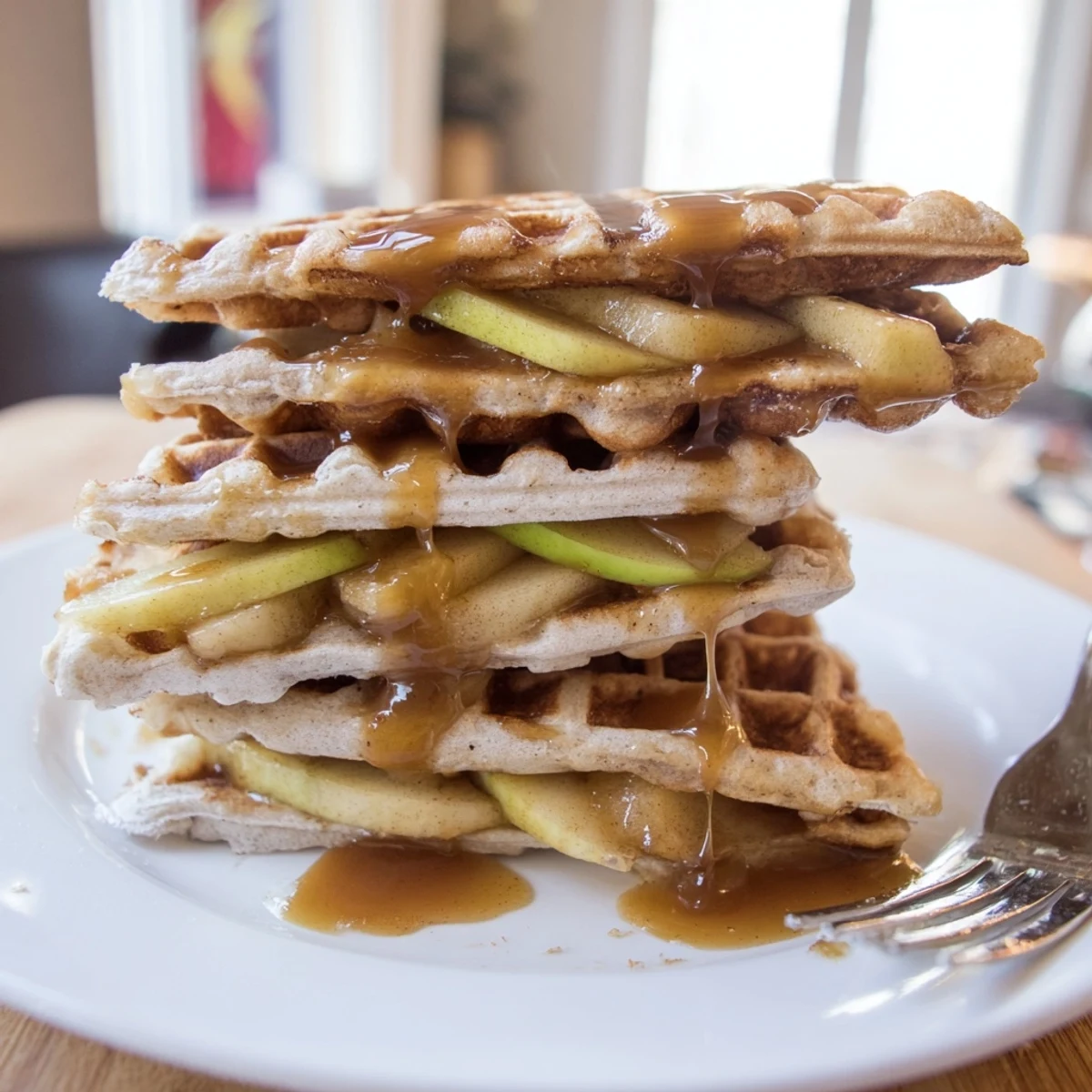 Golden Waffle Sandwiches filled with caramelized apples and drizzled caramel sauce.