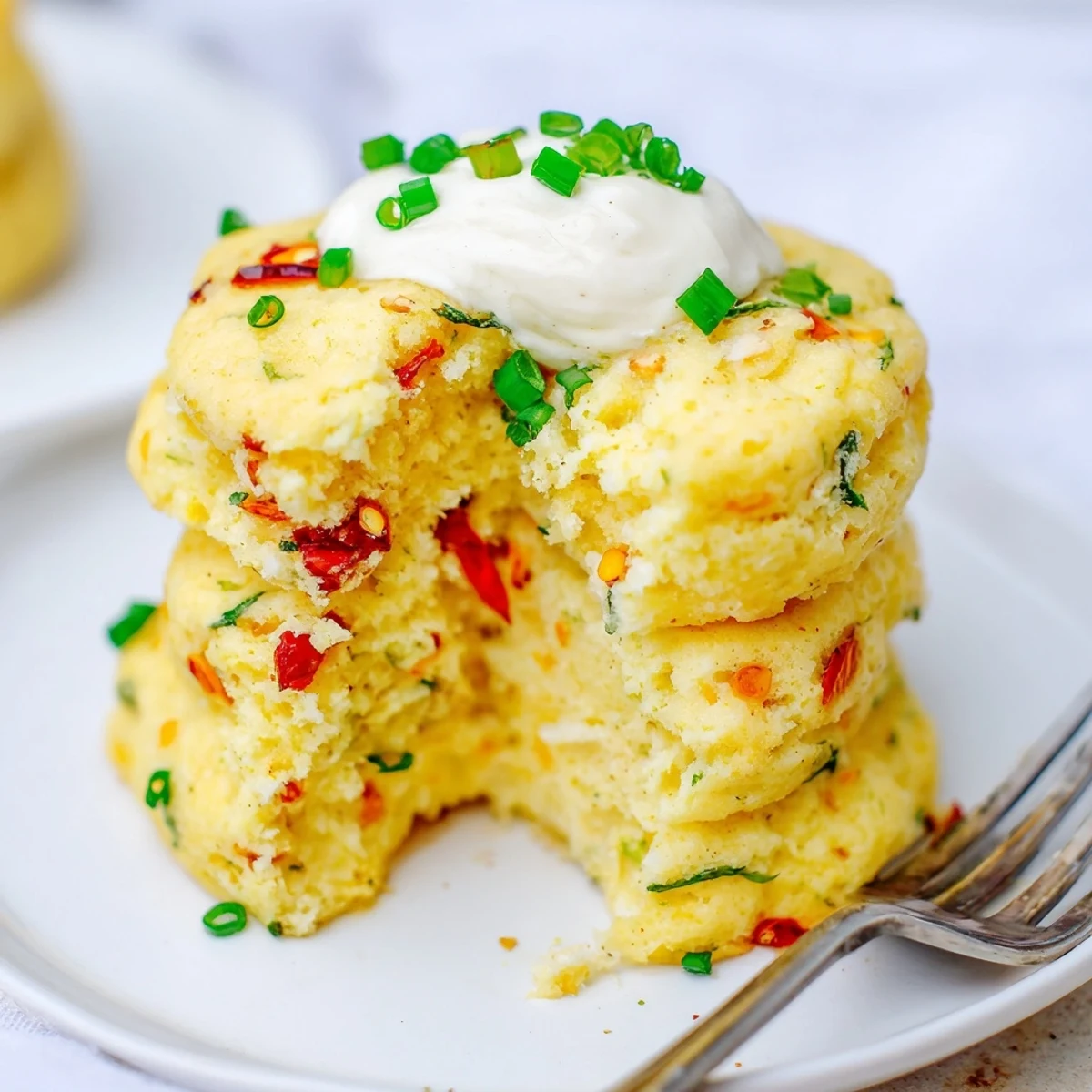 Fluffy Chili Garlic Soda Muffin Pancakes topped with chives and creamy yogurt.
