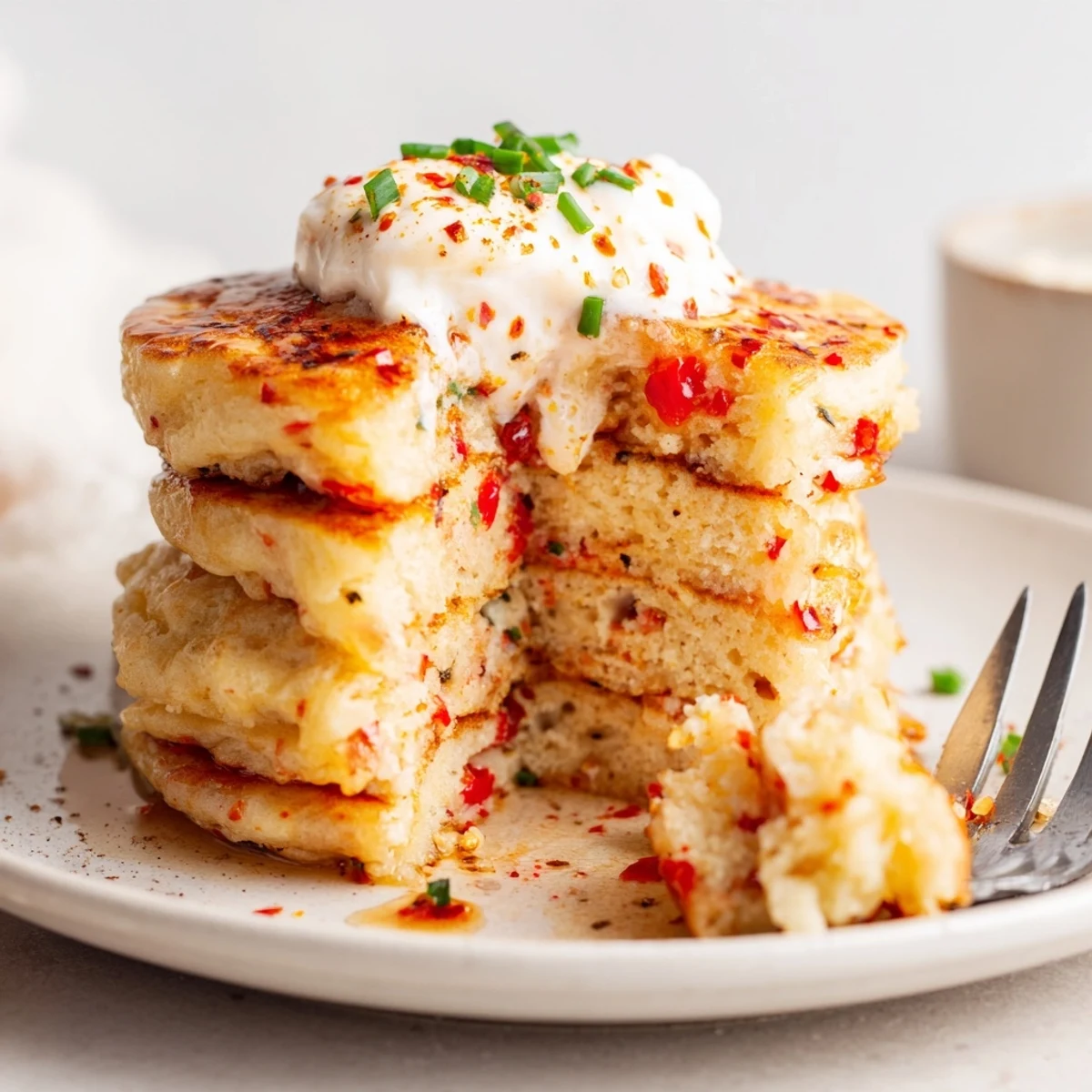 Savory Chili Garlic Soda Muffin Pancakes served warm for a spicy brunch delight.