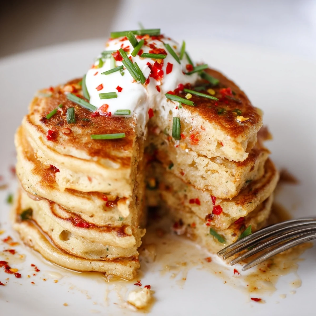 Light and airy Chili Garlic Soda Muffin Pancakes paired with fresh ingredients for flavor.
