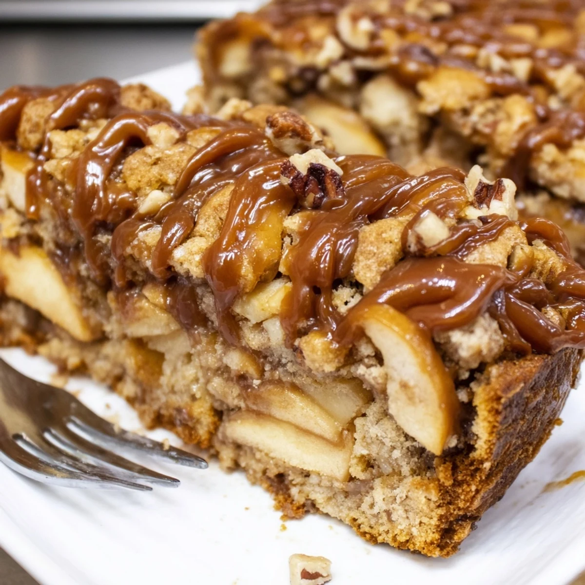 Sliced Caramel Apple Cheddar Cookie Loaf topped with crunchy pecans and caramel.