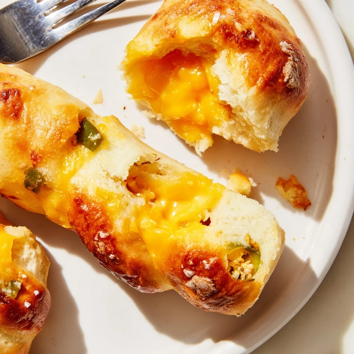 Gooey Cheesy Jalapeño Pretzel Cake Sticks topped with coarse salt and served warm.