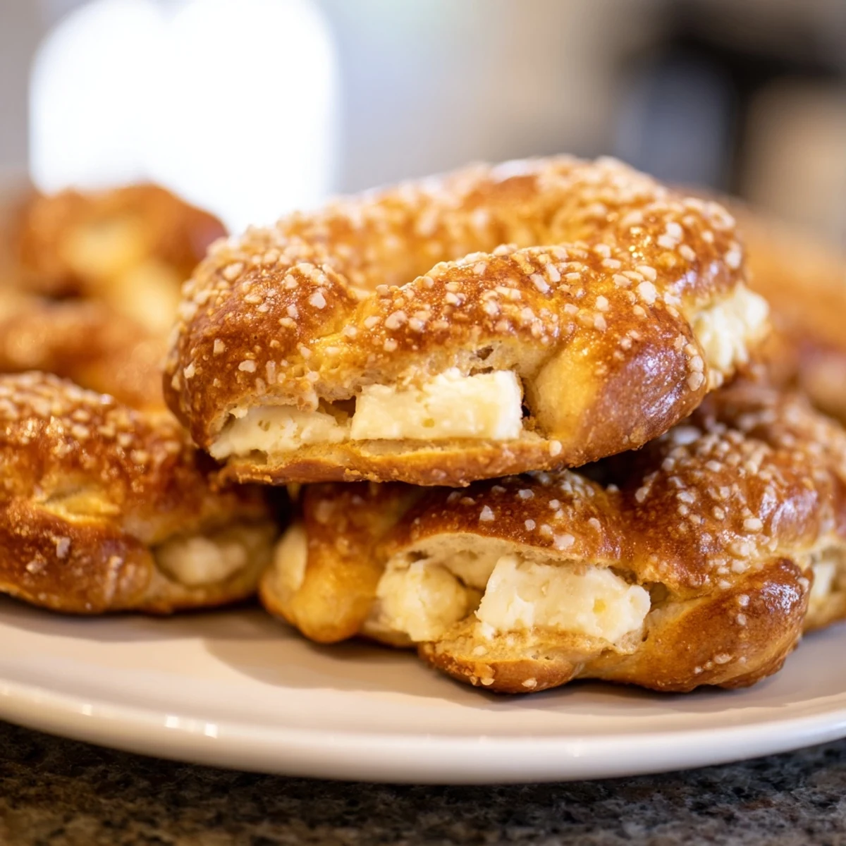 Savory cream cheese pretzel drop scones topped with coarse salt, perfect for breakfast.