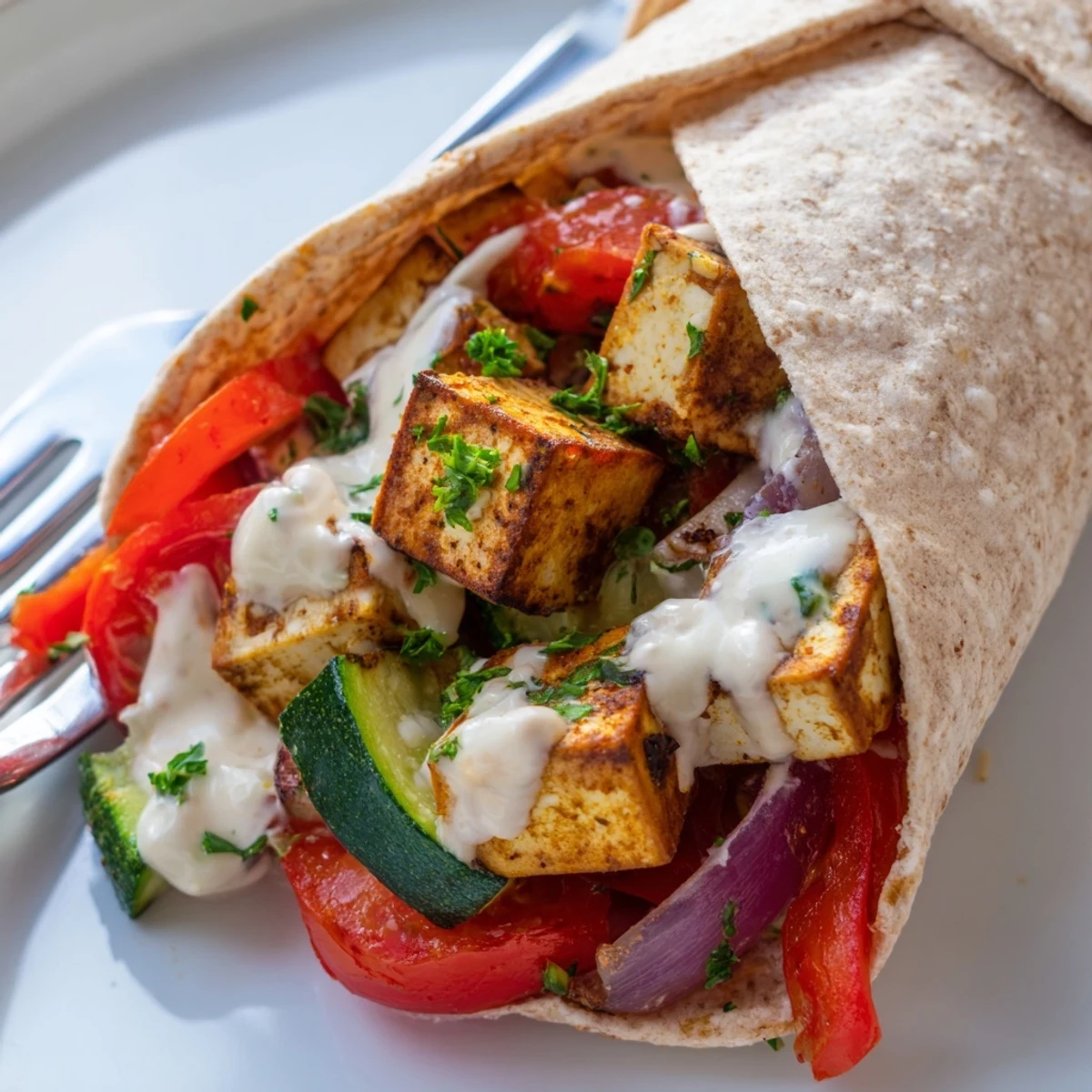 Vegan Viral Recipe Re-make served in whole wheat wraps, bursting with colorful veggies.