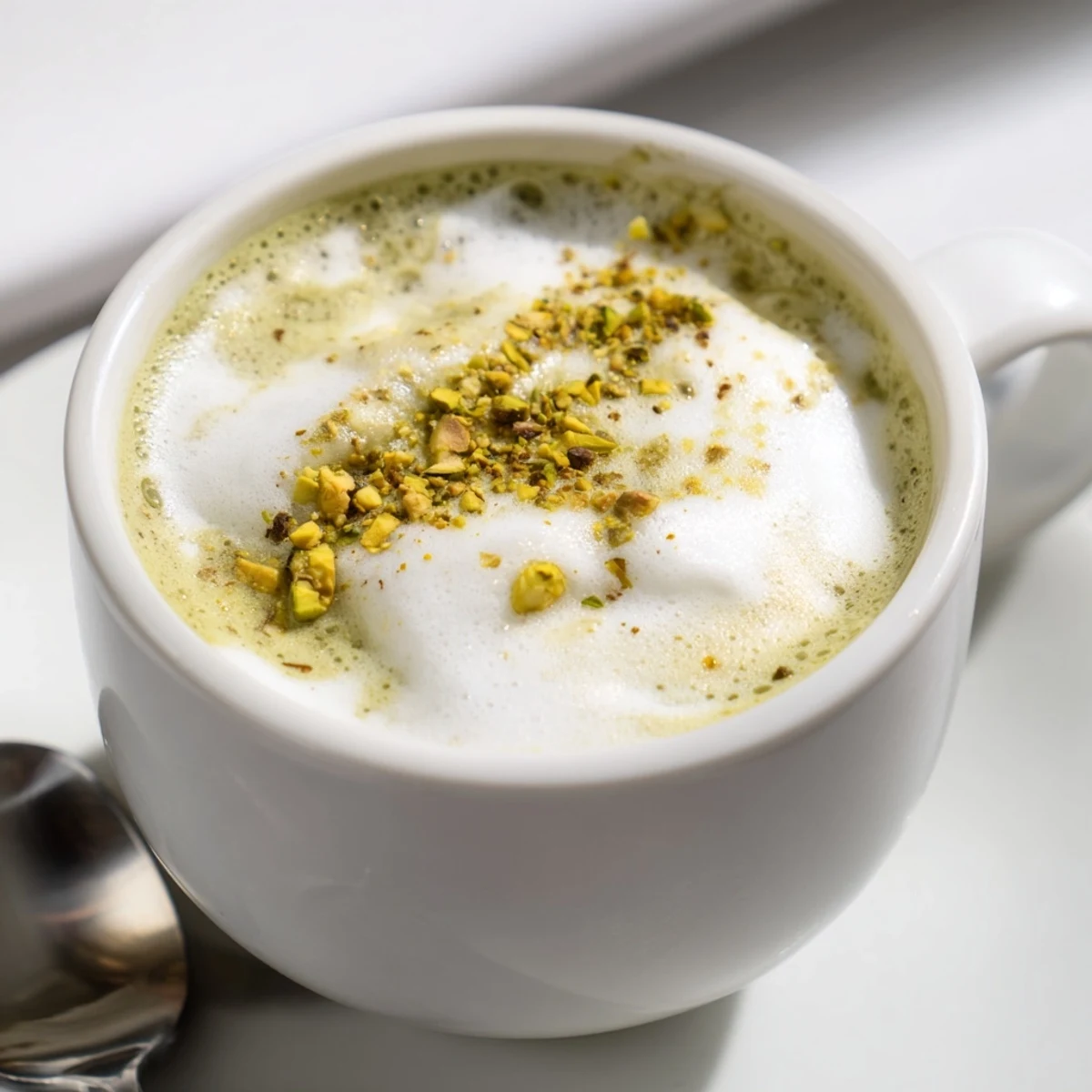 Warm pistachio milk latte garnished with crunchy pistachios, perfect for cozy afternoons.