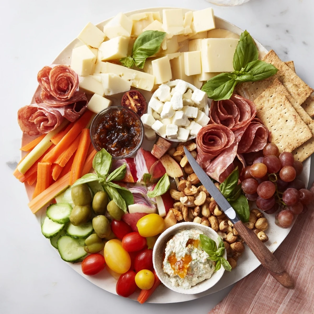 Deliciously arranged Girl Dinner Platter filled with savory cheeses, fruits, and dips.  