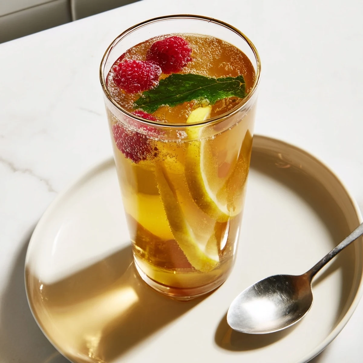 Refreshing homemade Kombucha-style mocktails in vibrant glass bottles on a table.  