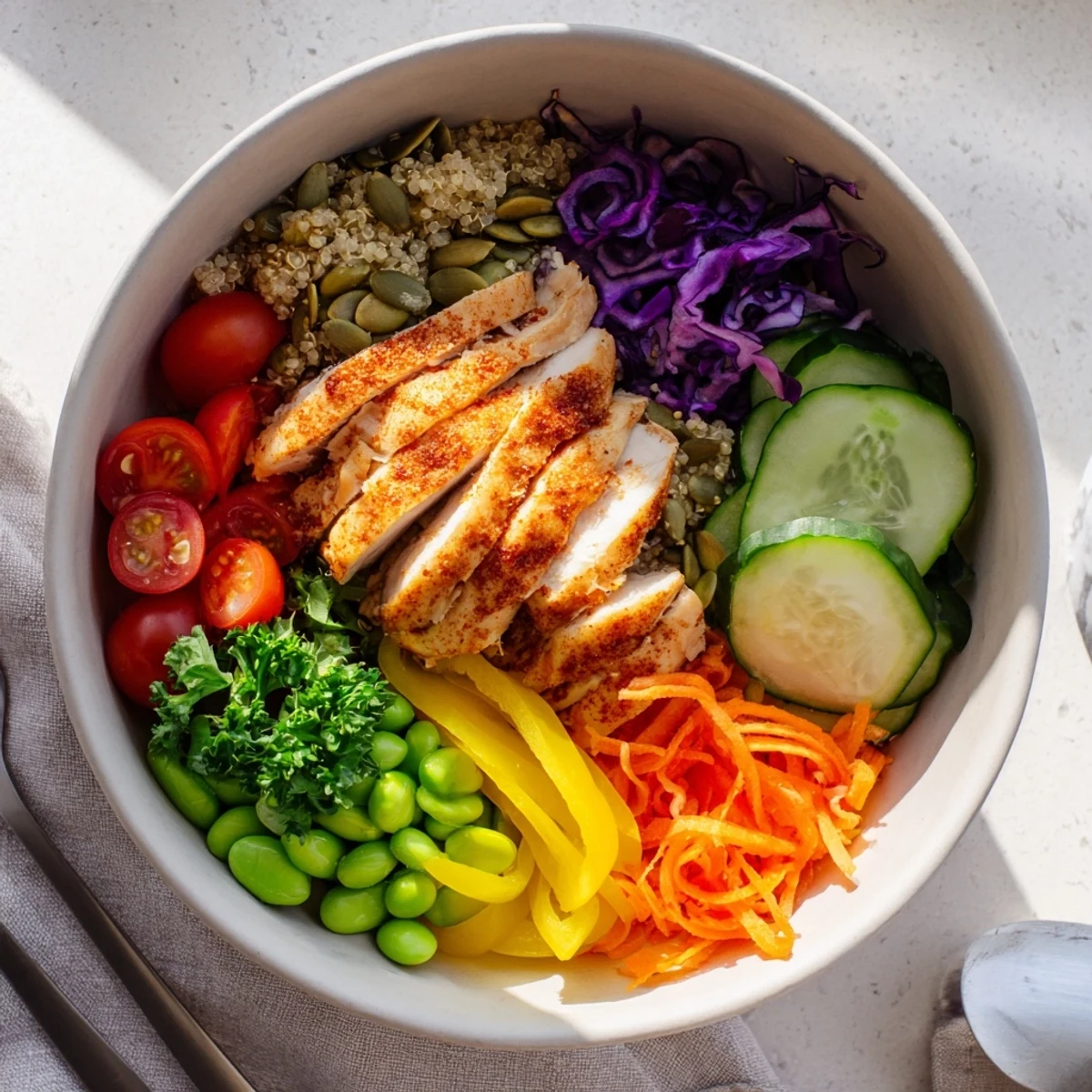 Healthy meal-prep bowls filled with vibrant vegetables and zesty olive oil dressing.  