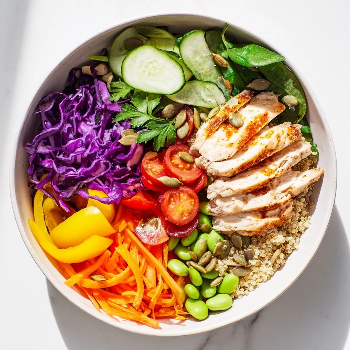 Colorful layers of quinoa, grilled chicken, and fresh veggies in a meal-prep bowl.  