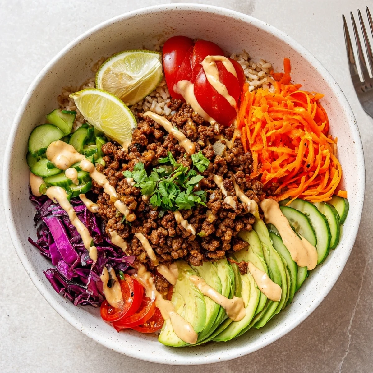 Delicious plant-based meat bowl drizzled with spicy mayo and garnished with cilantro.