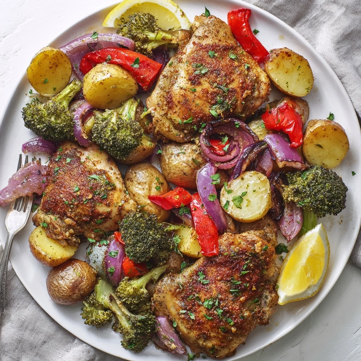 Aromatic Lazy Gourmet Chicken & Vegetable One-Pot dish plated with vibrant veggies.  