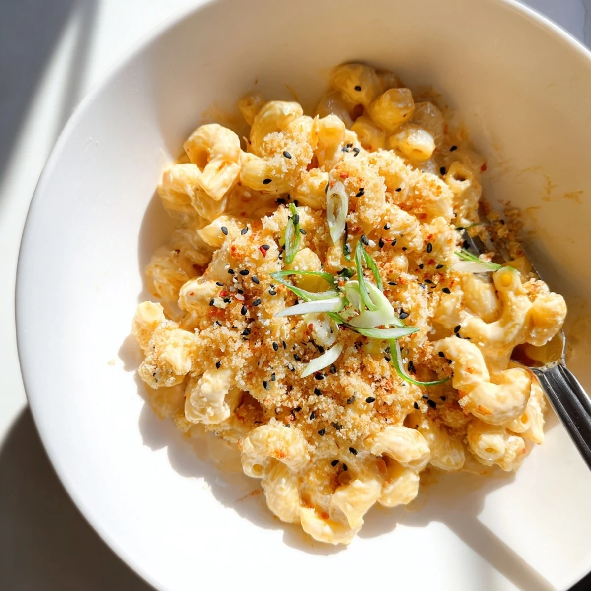 Bold and creamy Spicy Kimchi Mac & Cheese topped with crunchy sesame panko.  