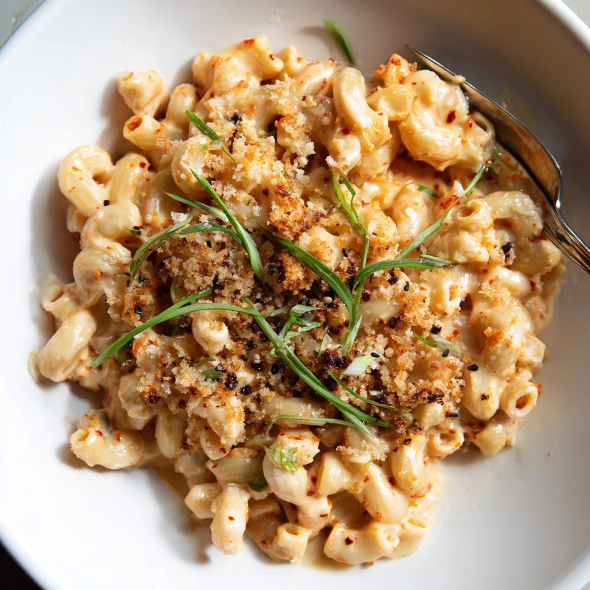 Indulge in Spicy Kimchi Mac & Cheese, bursting with tangy flavors and melted cheese.  