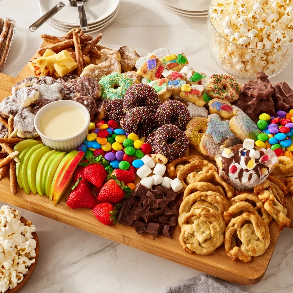 A colorful dessert board with themed snacks, perfect for festive gatherings.  