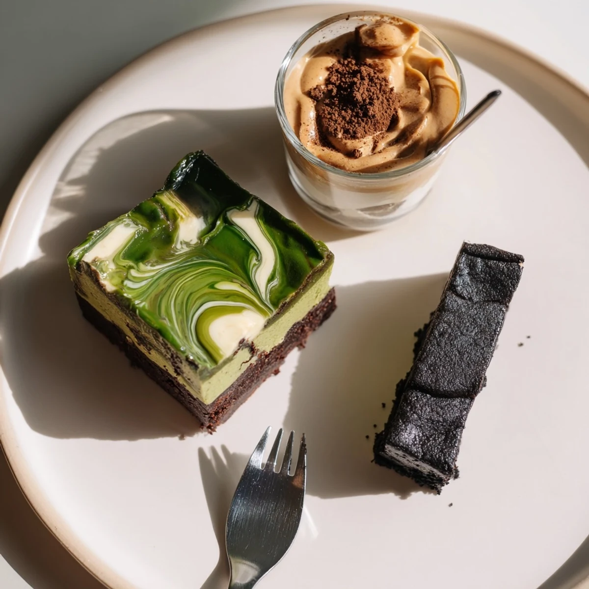 Decadent matcha-miso brownies topped with rich chocolate for a unique dessert experience.  