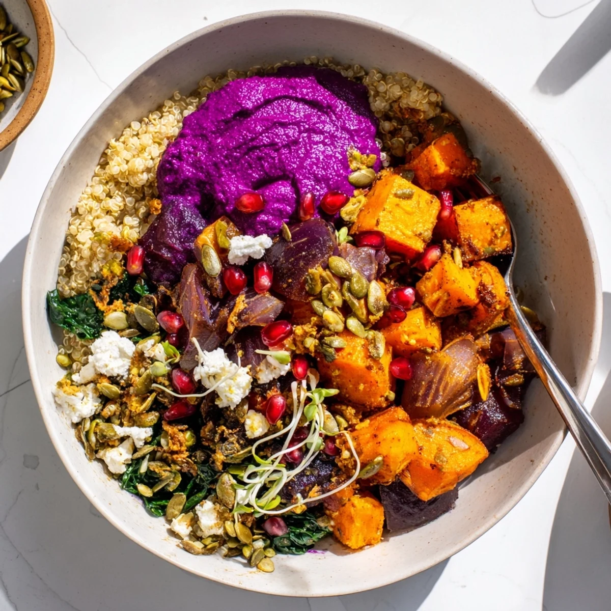 A vibrant Spiced Winter Bowl filled with roasted veggies and ube-coconut purée.  