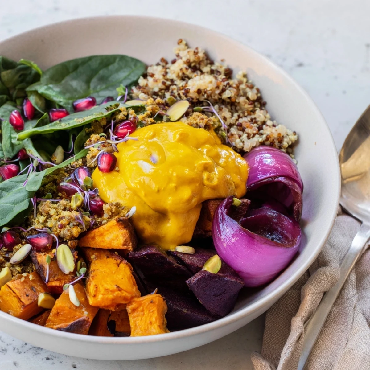 Enjoy a warming Spiced Winter Bowl topped with pistachio-maple crumble and greens.  