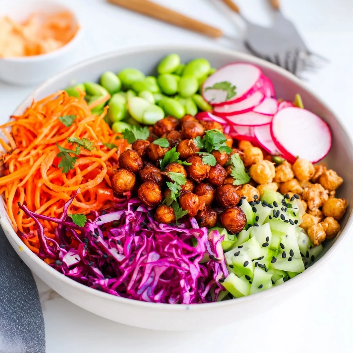 Vibrant ASMR Crunch Snack Bowls filled with fresh veggies and crunchy toppings.  