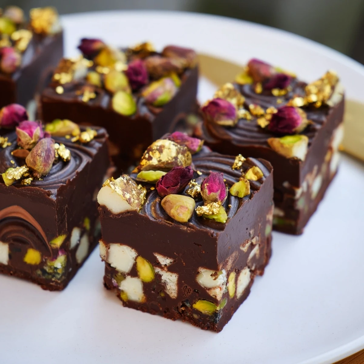 Decadent chocolate bar inspired creations topped with spiced date caramel and pistachios.