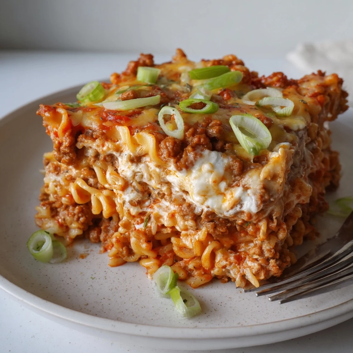 A deliciously layered spicy ramen lasagna with ground pork and melted cheese  