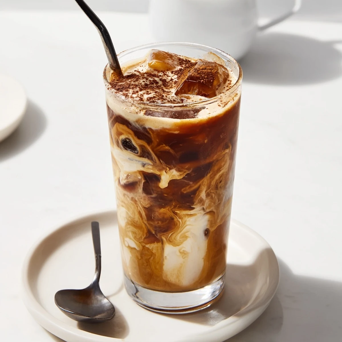 Creamy tahini iced coffee topped with plant milk and ice, perfect for summer.