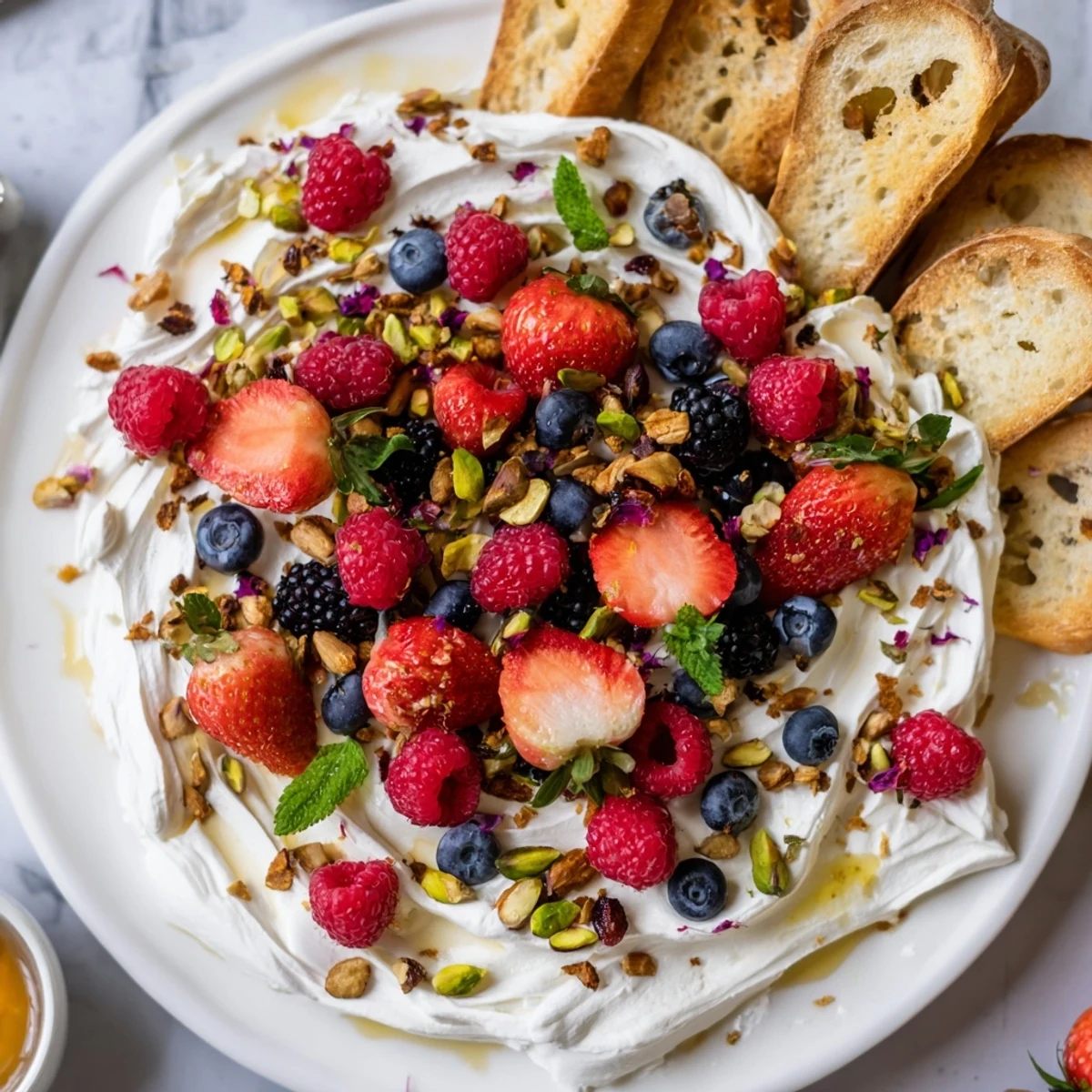 Delicious butter board dessert version with berries and cream cheese spread artfully arranged.  