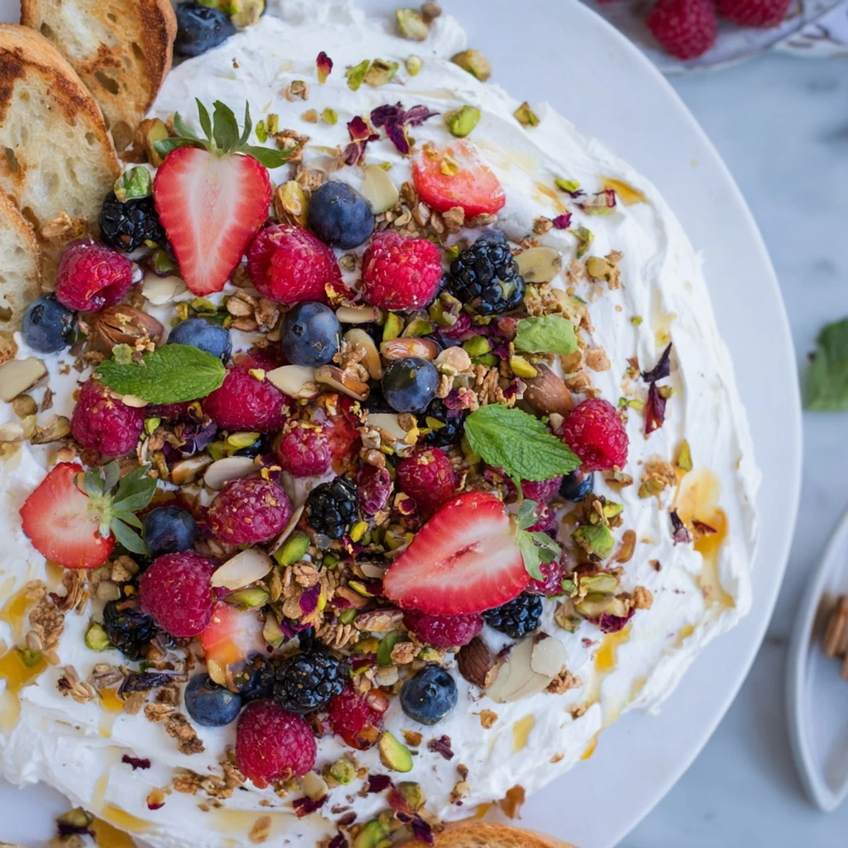 Shareable butter board dessert featuring fresh fruit and nuts, perfect for summer gatherings.