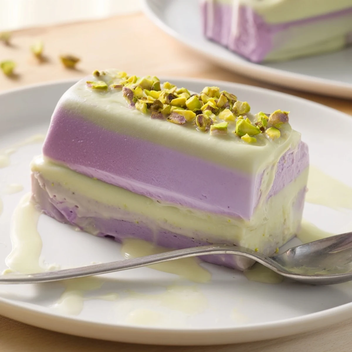 Delicious Ube & Pistachio Ice Cream Bars drizzled with sweet condensed milk and nuts.  