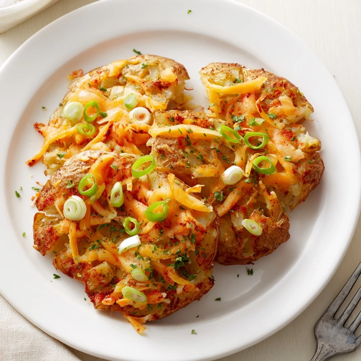 Crispy Smashed Green Onion Potato Bombs topped with melted cheese and fresh herbs.  