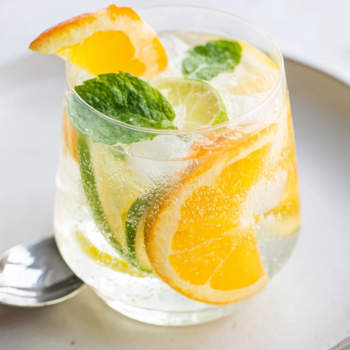Refreshing probiotic soda mocktail with citrus and mint leaves, perfect for summer.  