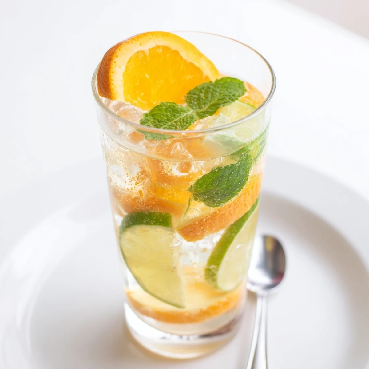 Sparkling probiotic soda mocktail served over ice, garnished with fresh orange slices.  