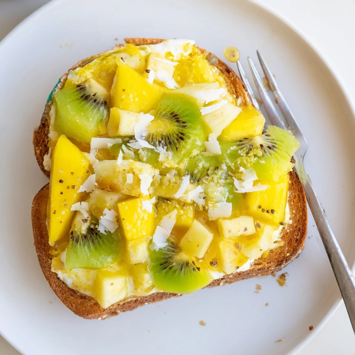 Creamy yogurt-custard toast topped with tropical fruits for a vibrant brunch.  