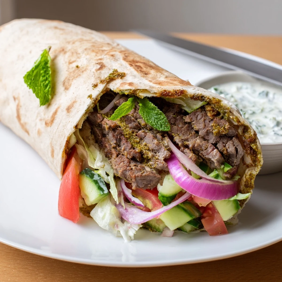 Tender beef shawarma wraps loaded with fresh veggies and creamy yogurt sauce.  