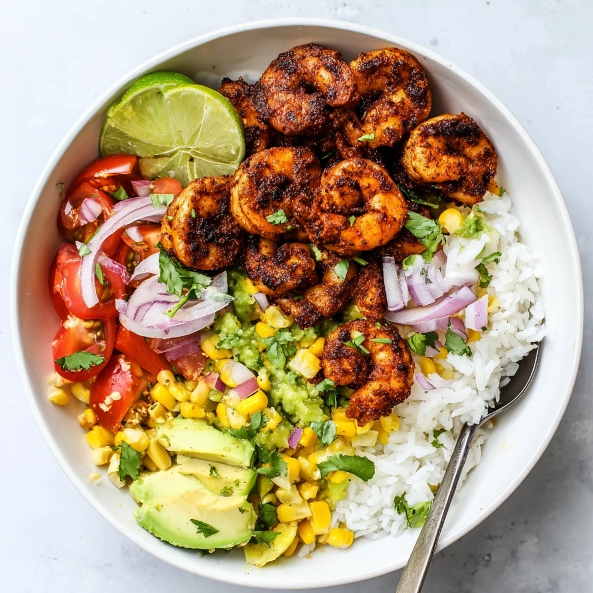 Delicious blackened shrimp bowl topped with creamy avocado corn salsa and rice.  