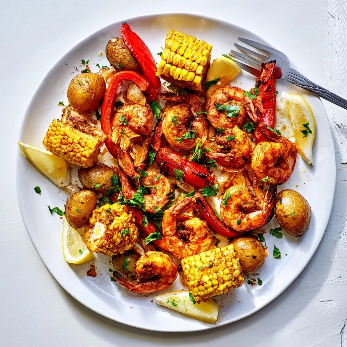 Vibrant Cajun shrimp and sweet corn platter ready for a summer feast.  