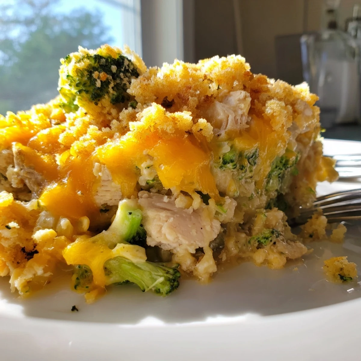 Creamy Chicken & Broccoli Cheddar Bake topped with golden breadcrumbs and melted cheese.  