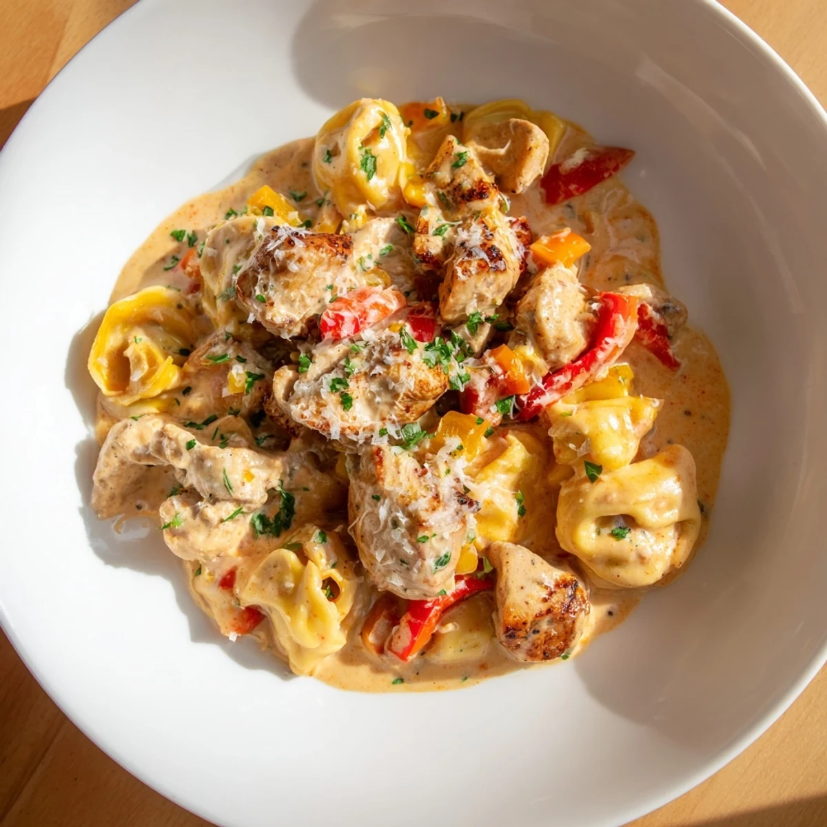 Zesty Cajun Garlic Parmesan Chicken Tortellini, a creamy, spicy pasta dish, perfect for a flavorful dinner.