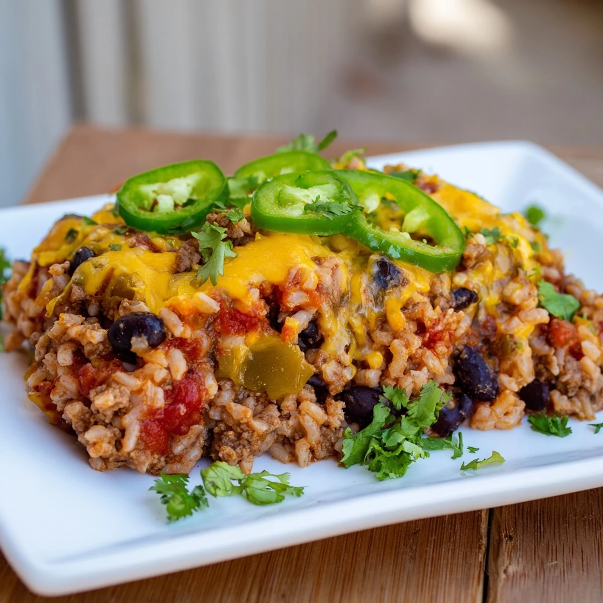 Golden, cheesy Tex-Mex Beef & Rice Casserole, a family-friendly baked dish with vibrant flavors and textures.