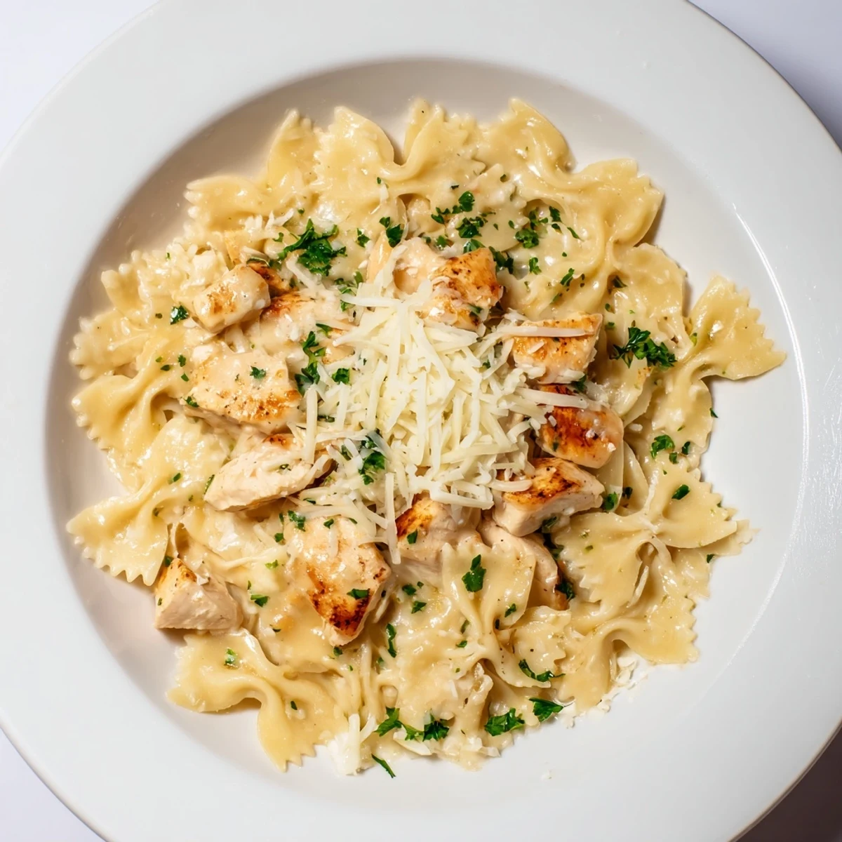 Creamy Mozzarella Garlic Butter Chicken Bowties, a comforting Italian-American pasta dish with gooey cheese.