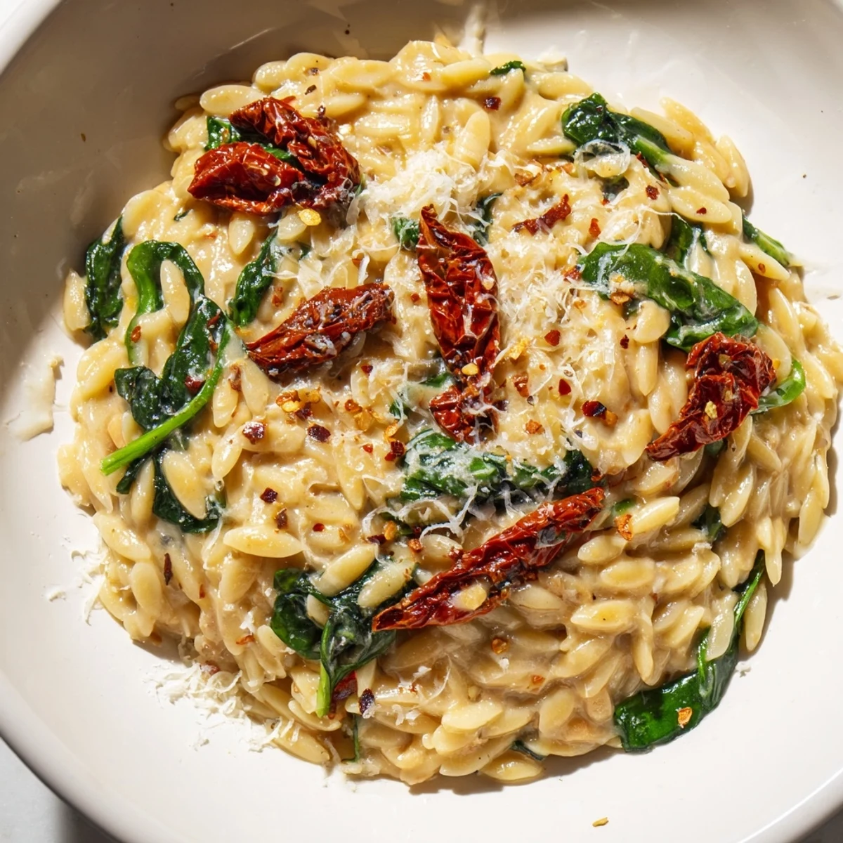 Enjoy a rich Creamy Tuscan Orzo Bowl, featuring perfectly cooked orzo and a savory, creamy sauce.