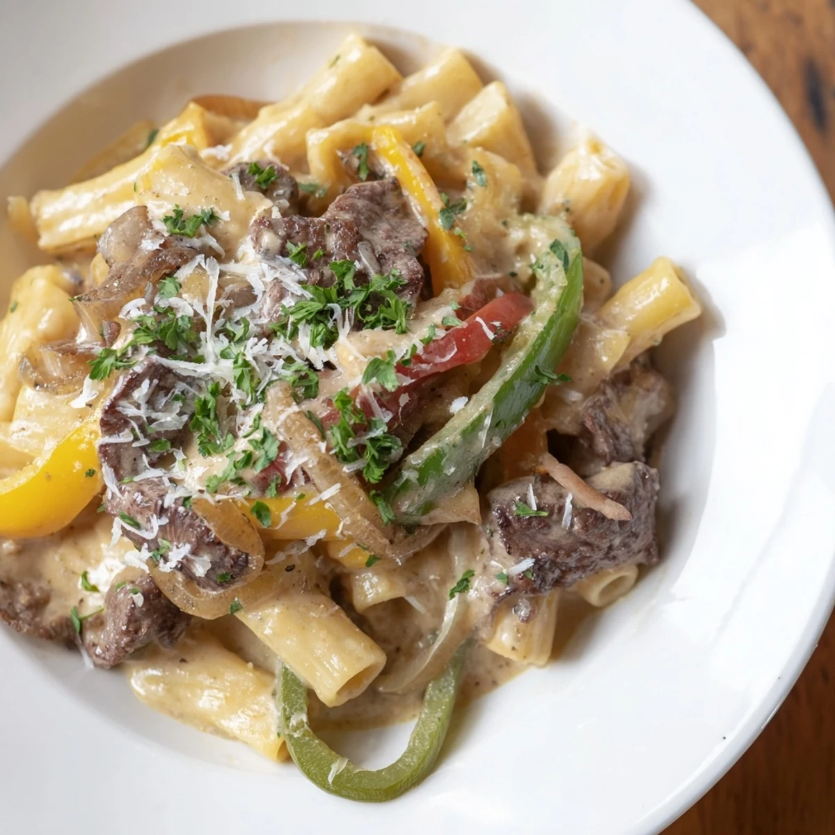 A close-up of savory Philly Cheese Steak Pasta, ready to serve with fresh parsley.
