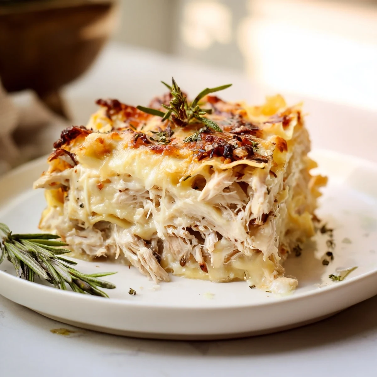 Steaming hot slices of Rosemary Chicken Lasagna showcase a bubbling cheese topping, promising a comforting meal.
