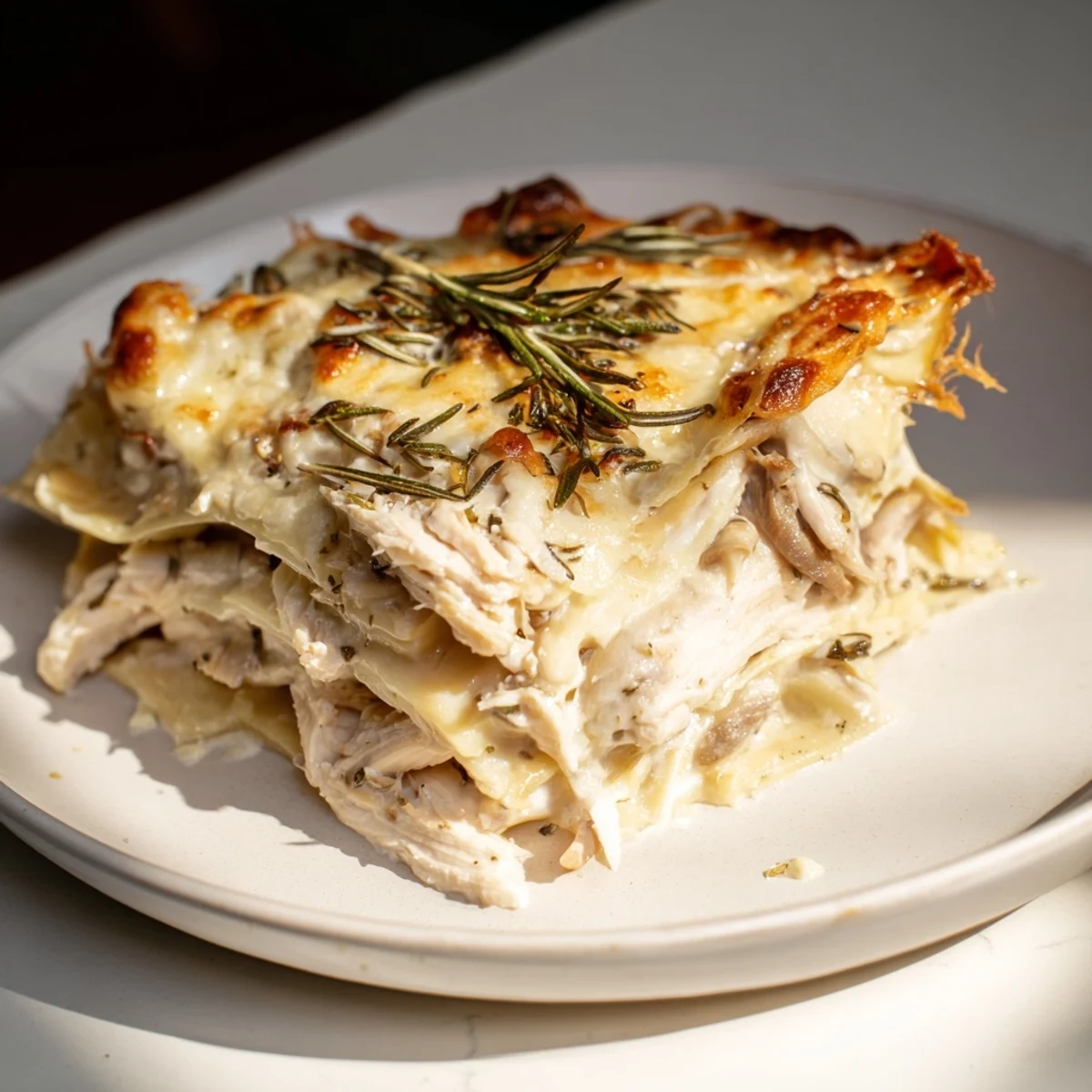 A close-up view of Rosemary Chicken Lasagna depicts layers of chicken, melted cheese, and creamy sauce, utterly delicious!
