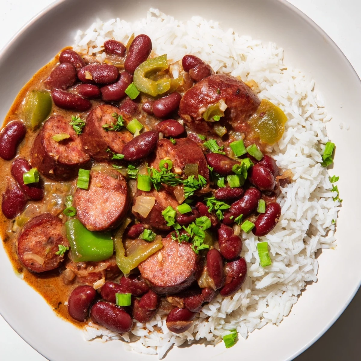 A close-up of a flavorful Red Beans & Rice serving, garnished with green onions and parsley.