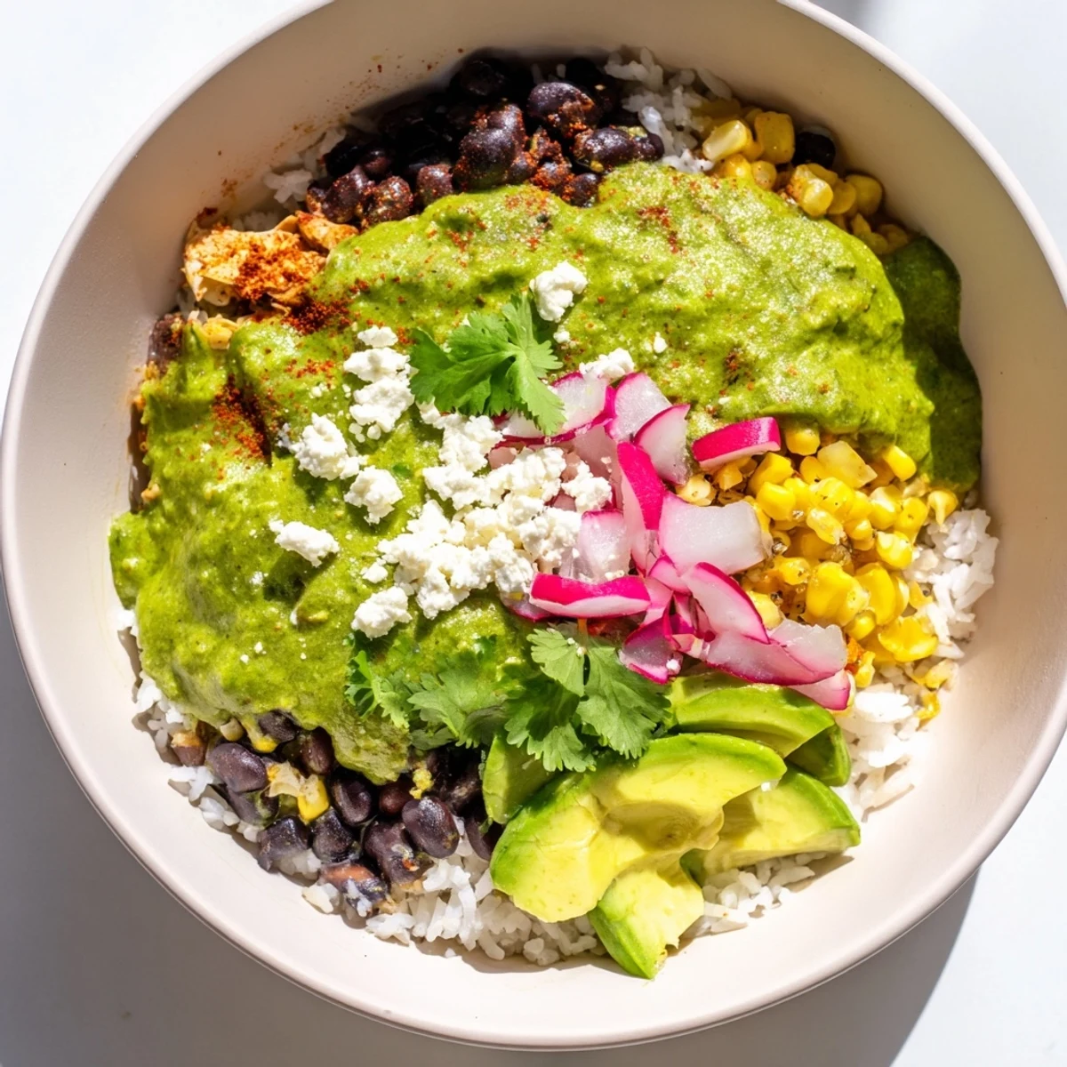 Green Enchilada Rice Bowl overflowing with chicken, black beans, and colorful fresh toppings, perfect for a satisfying meal.